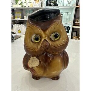Vintage Graduate Wise Owl Ceramic Coin Bank Lefton Japan 3893 Stopper & Label 6”